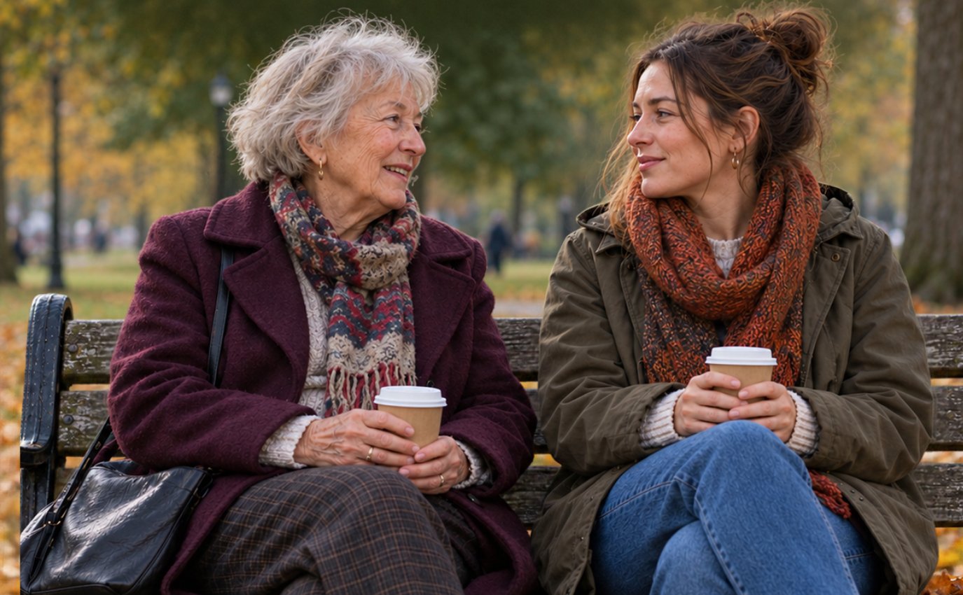 An older woman and a younger woman chatting over takeaway coffees on a park bench in autumn